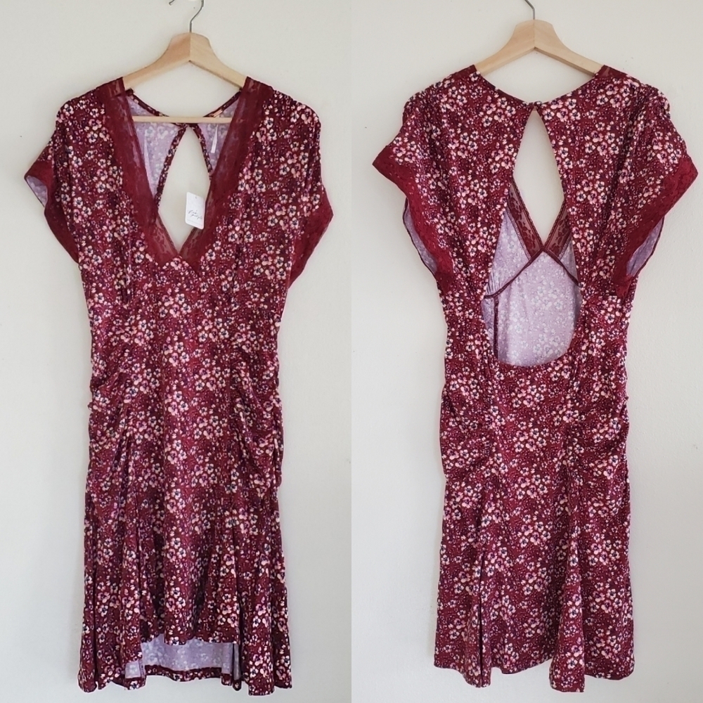 NWT Free People Sweet Talker Floral Mini Dress Burgundy Large - Picture 5 of 13